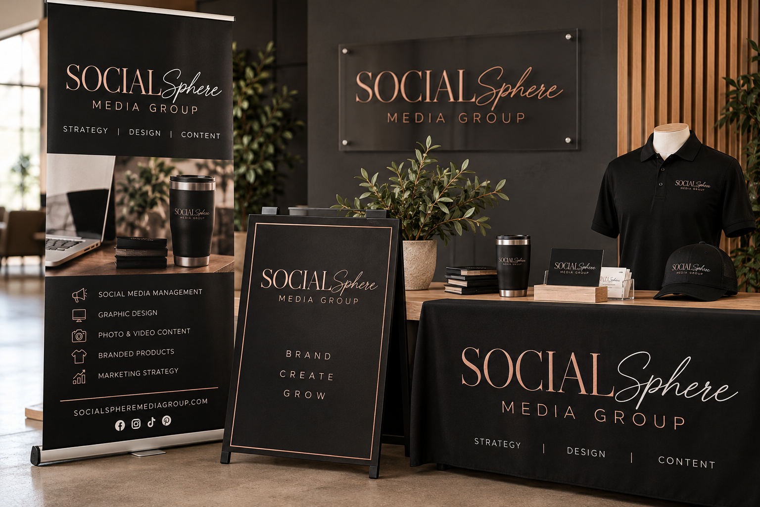 Black vinyl banner with the Social Sphere logo hanging on a wall