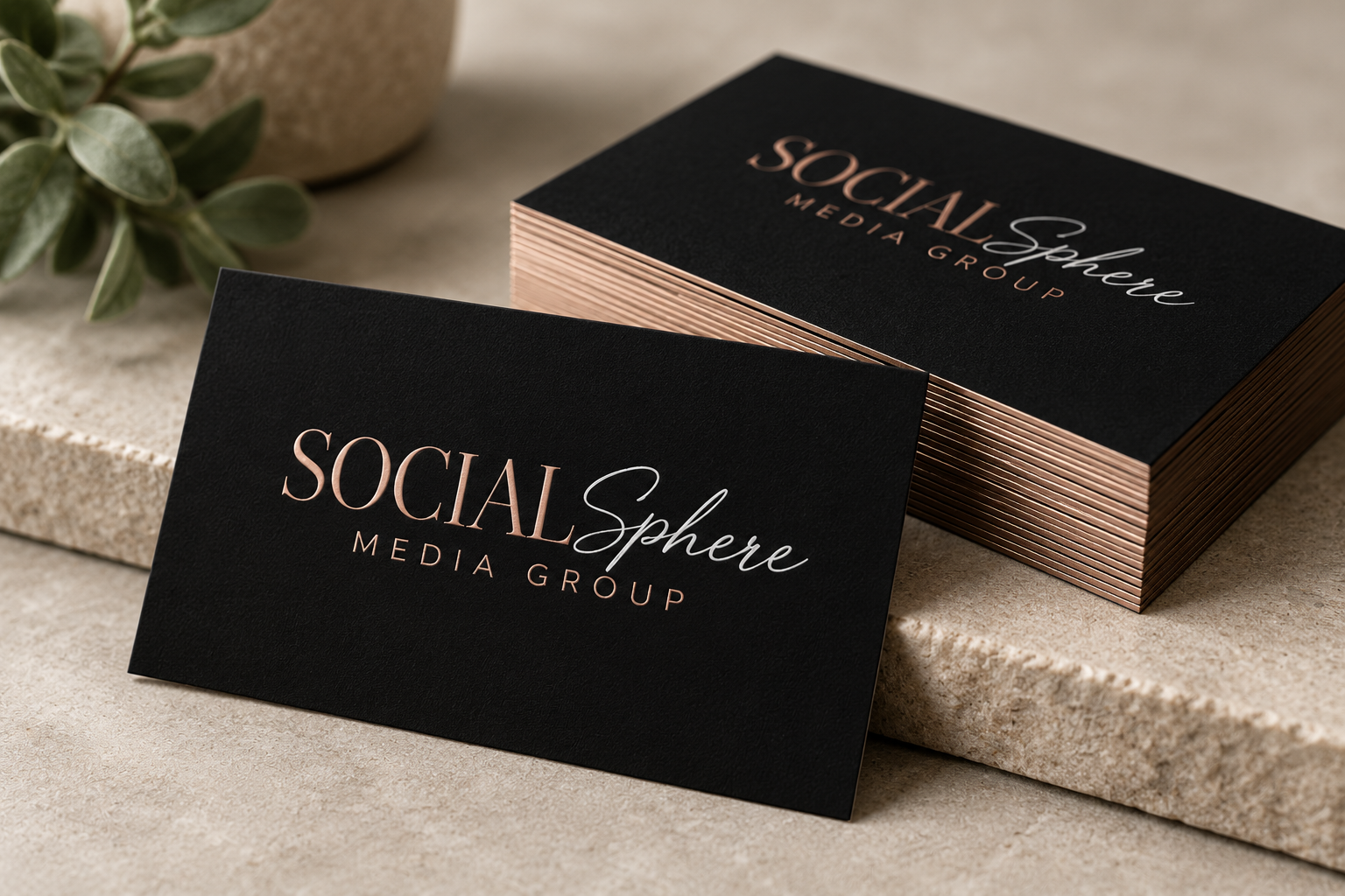 Black, blush and white business cards printed with the Social Sphere logo and contact details